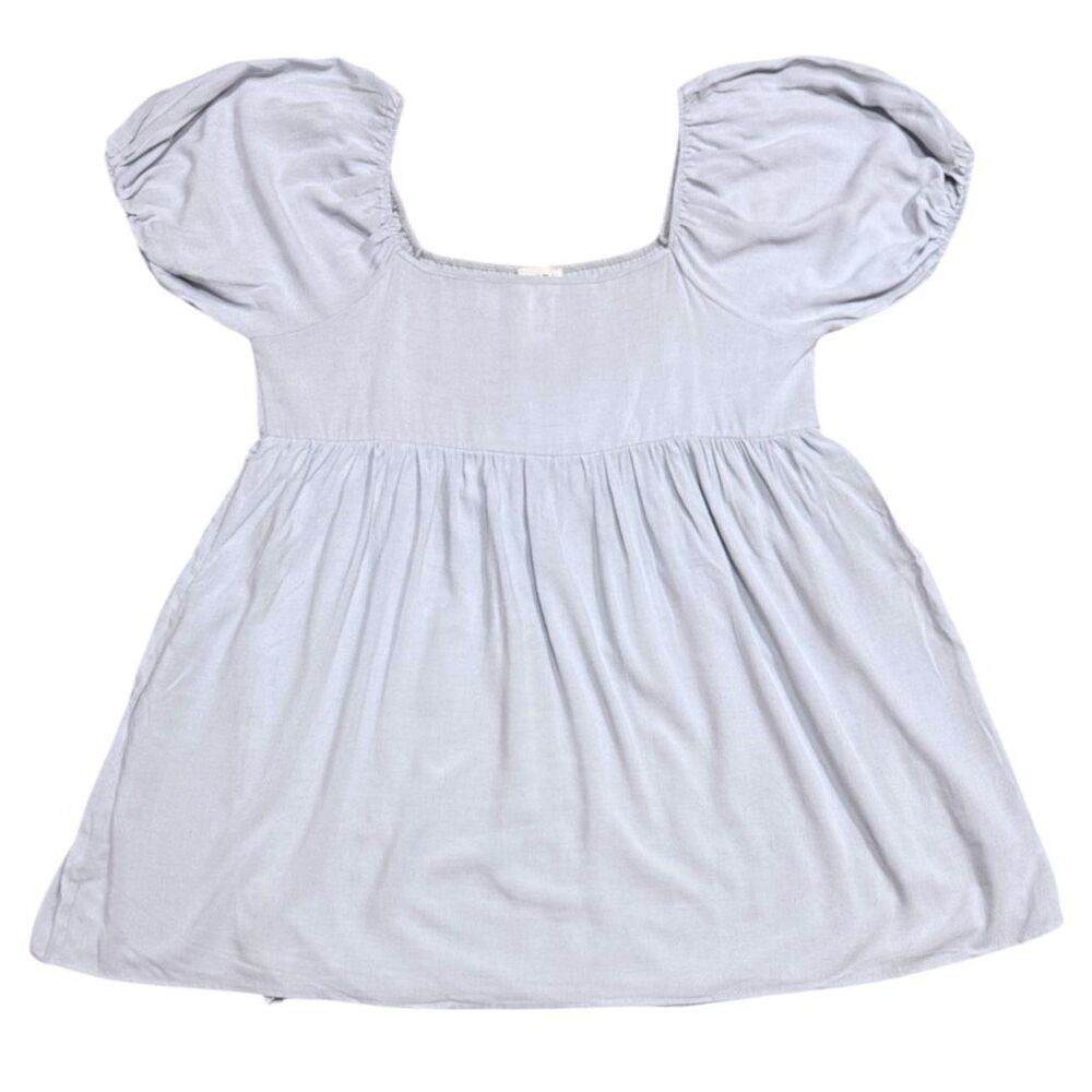 BiBi Mini Dress Blue Washed Linen Puff Sleeve Empire Waist NEW - Picture 7 of 11